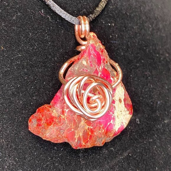 Pink Jasper Chunk Rosegold Wire Wrapped Pendant Handcrafted - Picture 1 of 10